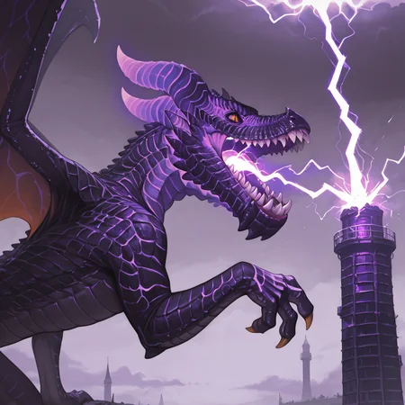 <lora:The_Ruined_Dragon_Mario_Odessey:1> Masterpiece, amazing quality, best quality, solo, wings, wings, feral, tail, orange eyes, wings, dark purple scales, horns, claws, monster, climbing a tower, sharp teeth, side view, stormy skies, lightning breath, electricity, purple glow
