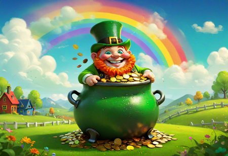 chubby leprechaun, pot of gold coins, mischievous grin, colorful rainbow slide, vibrant green meadow, fluffy clouds, whimsical cartoon style, exaggerated features, playful energy, sparkling eyes