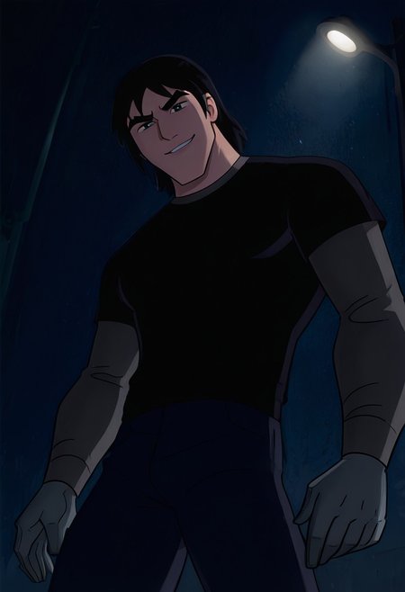 masterpiece, best quality, amazing quality, very aesthetic, absurdres, newest,
kevaf, black hair, 1boy, solo, black shirt, layered sleeves, short over long sleeves, thick eyebrows,
 angry, smile, from below, worm view, dark night, under street light, leaning on street light, metal hands, grey hands,