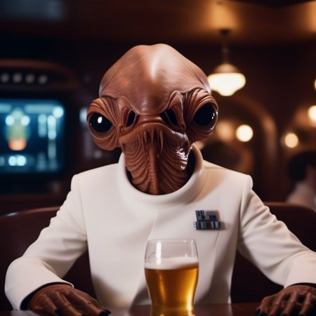 cinematic photo an alien with a strange looking face, star wars, white suit, having a beer in a pub  <lora:AmiralAckbar1024:0.8> . 35mm photograph, film, bokeh, professional, 4k, highly detailed