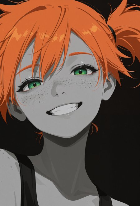 masterpiece, best quality, amazing quality, very aesthetic, absurdres, newest, cvle01, 1girl, solo, (minimalism:1.2), flat-colors, flat-shading, monochrome, (spot-color), misty-\(pokemon\), green-eyes, orange-hair, side-ponytail, freckles, smile, grin, head-tilt, clothed, portrait, facing-viewer, abstract-background, two-tone-background, gradient-background, detailed hair, volumetric lighting, realistic-lighting,