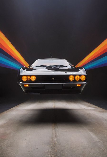 Made of bold lines, vertical lines, 3d deep depth effect, Stretching shadows, Flying hovering Car, a Vintage hovering super car, Hovering_Car, A road stretches behind her head, colorful depth of lenticular, bold lines async, deep blacks,