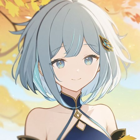 <lora:juqing2:1>ï¼g1a2s, 1girl, solo, smile, bare shoulders, bangs, blue hair, closed mouth, hair ornament, grey eyes, tree, blue eyes, virtual youtuber, leaf, portrait, multicolored hair, grey hair, long hair, sleeves past wrists, brown hair, outdoors, sleeves past fingers, upper body, sidelocks, chinese clothes, dress, short hair, short hair with long locks, detached collar, looking down, blurry, detached sleeves, sky, collarbone, streaked hair, looking to the side, black hair, autumn leaves, blurry background
