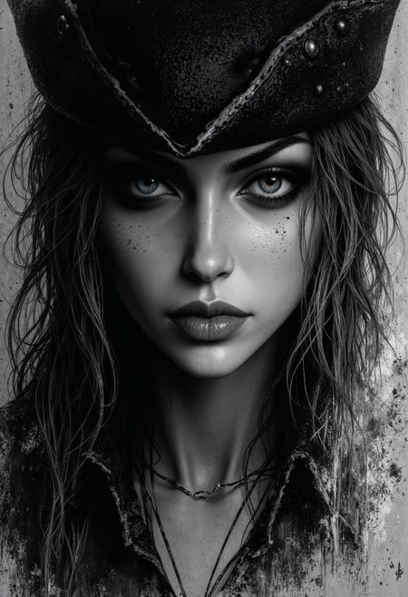 sexy, Dark Moody Atmosphere, Avant-garde, painting, sexy, erotic, best quality, masterpiece (Luis Royo style drawing), detailed face, face in sharp focus and intricate detail, extremely detailed, great lighting, BREAK, quality, intricate details, Mystical light, Fog., sexy, beautiful Lady Maria, her silver hair showing from under her hat, piercing eyes, sultry, mesmerising expression, black magic fantasy, dark and moody, upper body shot, shafts of light, High Definition HD, High Detail, Perfect Composition,  <lora:FluxLadyMaria:1> <lora:FluxMythP0rtr4itStyle:0.7>  <lora:aidmaHyperrealism:0.5> aidmaHyperrealism