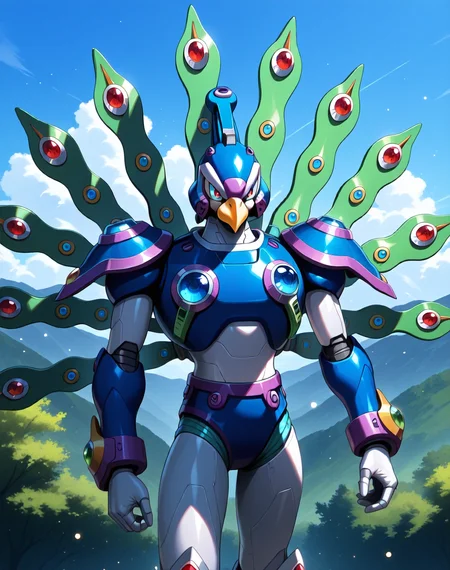 <lora:Cyber_Peacock_(Mega_Man_X)_(Illustrious)_(AD):1> Cyber Peacock, reploid, MMX, 
exterior, blue sky with clouds,
male focus, intense shadows, dynamic shadows, intricate details, attention to details, gradient coloring, bright vivid colors, robot, beak, 
BREAK very awa, masterpiece, best quality, amazing quality, very aesthetic, highres, absurdres, 
EZRealPONYXL, zPDXL, Smooth Quality, lazynsfw,