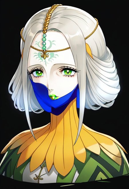 source_anime, 1girl, white skin, grey hair, forehead tattoo, green eyes, green lips, hair decoration, head chain, wrinckles, high yellow collar, medieval dress, white and green dress,<lora:Joanna_-_Metaphor_ReFantazio_-_Pony:1>