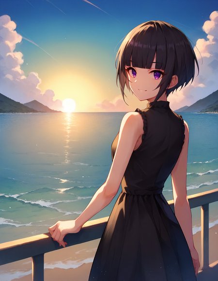 score_9, score_8_up,score_7_up,1girl,solo,cowboy shot,looking at viewer,smile,dynamic lighting,outdoors,blue sky,ocean,
<lora:shirayukichiyo_ponyXLV6:0.8>,cgscy,black hair,short hair,blunt bangs,purple eyes,
black casual dress,sleeveless