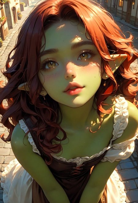 score_9, score_8_up, score_7_up, 1girl, goblin, short, dark green skin,  solo female focus, large pointed ears. skinny, wild red hair, long hair, loose curly hair, green skin, freckles, Freckled ass, beautiful yellow eyes, small breasts, brown loin cloth, cloth chest wrap. Pouting lips. Blushing, cute smile, expression. Looking up at viewer. View from above.  Winking,  blowing kiss,  
Medieval town street. Bright sunny day