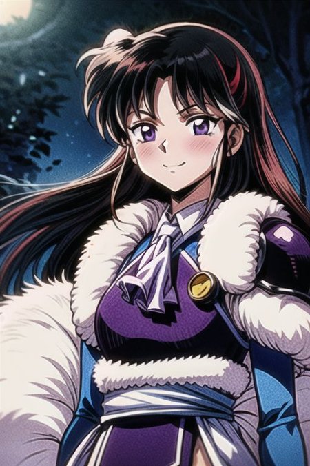 best quality 1girl Setsun4 solo long hair,  (night time) forest background black hair very long hair purple eyes multicolored hair armor, small, (fur trim) (medium body),<lora:EMS-179-EMS:0.800000>,<lora:EMS-293862-EMS:0.800000> bow, hair_bow, hair_tubes, red_bow, brown_hair, long_hair, bangs, ascot, frilled_bow, yellow_ascot, blush, smile, hair_between_eyes, athletic, armor, miko,  Smiling, happy,