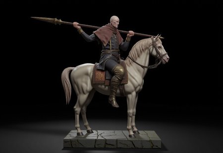 Obscure Centaur half human holding a bronze spear with engravings on it, the lower horse body is covered wit hleather and cloth armor 
Set against a solid dark black color background to emphasize its unnatural form that emphasizes its silhouette. 
The medium is not a traditional painting or illustrative medium like watercolor or ink but rather a digital 3D rendering. MikeFranchinastyle, bbstyle,, horror theme, ZBClay model of a gray sculpture, zbrush, d4arks0uls, overcast lighting, jedioutfit