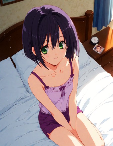 score_9, score_8_up, score_7_up, masterpiece, best quality, absurdres, official art, official style, (anime coloring, anime screencap, megami magazine, flat color:1.3), zPDXL2, zPDXLxxx,
<lora:Nanase_Aoi_Style_Pony_v1:1.0>, 1girl, solo focus, Nanase_Aoi_Style
bedroom, on bed, bed sheet, dim lighting, light particles, (from above:1.3), looking at viewer, dutch angle, 
, purple camisole, smile, bedroom, shorts, camisole, green eyes, indoors, hand between legs, curtains, between legs, bed, hair between eyes, bare shoulders, purple theme, pillow, short hair, purple shorts, pink lips, black hair, closed mouth