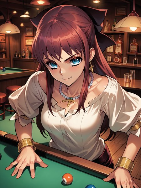 (cowboy shot, solo:1.1) <lora:happy_tentacle-elseria-v0.5-000020:1>, ht_elseria, hair bow, 1girl, () ( :1.1) jewelry, necklace, earrings, bracelet ( , , ( :1.2) , seductive smile , (looking down:1.2) :1.1) , indoors, , (bar, pool table:1.2), jukebox, bartender, booth seating, wooden floor, wooden wall, (( from above :1.3) :0.8) score_9, score_8_up, score_7_up, score_6_up, score_5_up, score_4_up, [(realistic, photorealistic:1.3):(realistic:1.2):22] [(3d:1.2)::14] <lora:LUUNA's Lunas-NijiJourney-SDXL-B2:0.35>, nijijourney <lora:prgfrg23's Counterfeit-V3.0 Style SDXL_LoRA_Pony Diffusion V6 XL:0.5> <lora:mfcg's mfcgXL:0.12> <lora:reweik's gyokai(himehajime)_PonyXL_style_v01:0.14>