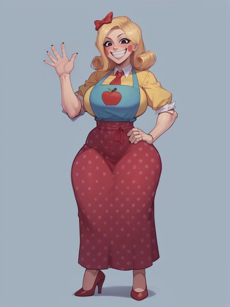score_9, score_8_up, score_7_up, rating_explicit, zPDXL2, zPDXLxxx, zPDXL3, source_anime, 
<lora:MissDelight:1>, 1girl, solo, long hair, blonde hair, breasts, huge breasts, curvy, thick thighs, thighs, wide hips, narrow waist, standing, full body, waving, facepaint, joints, apple print, 
shirt, yellow shirt, skirt, red skirt, polka dot skirt, long skirt, apron, bow, red bow, hair bow, necktie, ascot, shoes, red footwear, high heels, 
black eyes, smile, grin, blush stickers, crazy smile, 
hand on own hip, 
simple background,