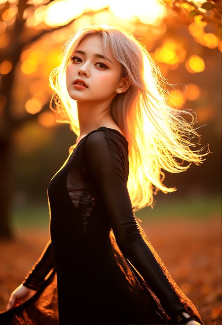 photorealistic photography of a woman in her 20s, platinum blonde hair, long eyelashes, thick eyelashes, makeup, glamourous, interesting black eyeliner, autumn attire, park scene, golden hour, serene expression, detailed facial features, warm smile, cozy clothing, autumn leaves, setting sun, warm, golden lighting, intricate fabric details, gentle breeze, peaceful atmosphere, ultra-high resolution, natural skin tone, light makeup, autumn hues, wide shot, medium shot, close-up, low-angle shot, high-angle shot, side profile, standing pose, walking through park, hair flowing in breeze, blurred autumn background, hyper-detailed environment, warm glow, tranquil park scene, falling leaves, balanced composition, dynamic stance, fluid motion, emotional connection, serene mood, background focus

The woman is captured mid-twirl, her skirt or dress flaring slightly as she spins. Her arms are outstretched, and her hair fans out around her, catching the light. She has a joyful, carefree expression, fully immersed in the moment of playfulness.

Elegant jewelry, like delicate earrings or a pendant, catching the light for an added touch of glamour. Intricate shadows cast by the tree branches on her face and body, adding depth and texture.
Gentle wind slightly lifting the tips of her hair, adding a touch of dynamic movement.

cinematic lighting, extremely intricate detail character, accurate depiction of character, correct body anatomy,correct hands and fingers, extremely intricate skin and facial texture detail, intricate black bodysuit design,lifelike potrayal, extrememly realistic lighting, extreme dynamic pose, 

 












