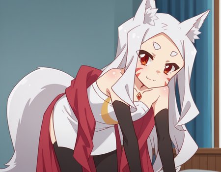 score_9, score_8_up, score_7_up, source_anime,
kitsuneshiro, <lora:kitsune-shiro-s1-ponyxl-lora-nochekaiser:1>,
shiro, long hair, red eyes, animal ears, tail, animal ear fluff, fox ears, fox tail, facial mark, thick eyebrows, fox girl,
thighhighs, gloves, dress, bare shoulders, jewelry, collarbone, black gloves, elbow gloves, black thighhighs, white dress, strapless, strapless dress, shawl,
indoors, bent over, smile,
cowboy shot, looking at viewer, solo,