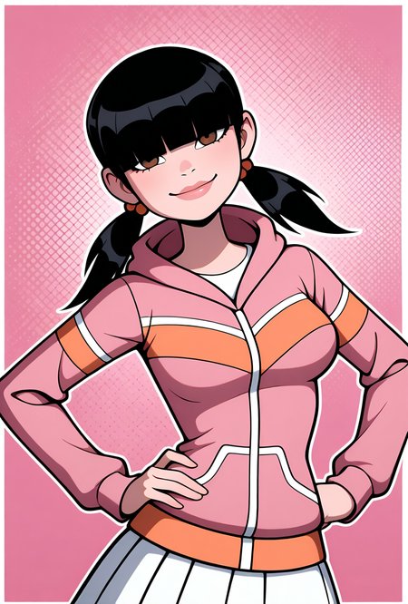 <lora:julieov:1>, julieov, black hair, twintails, 1girl, breasts, low twintails, pink hoodie, blunt bangs, hair ornament, jacket, long sleeves, brown eyes, lips, hair over eyes,, white skirts, smile, pose, hands on hips, leaning to side, expressive, wide face, looking at viewer, pink background,, upper body, halftone effect, white borders, abstract background:1.2,, masterpiece, best quality, amazing quality, very aesthetic, absurdres, newest,