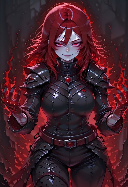 masterpiece, best quality, highres, absurdres, amazing quality, high resolution, 
Red Eyes, Red Hair, pale skin, Black Medieval Armor, leather straps
animate_dead, aura on skull, hands raised towards viewer, looking towards viewer, smirk, glowing red eyes, various poses
