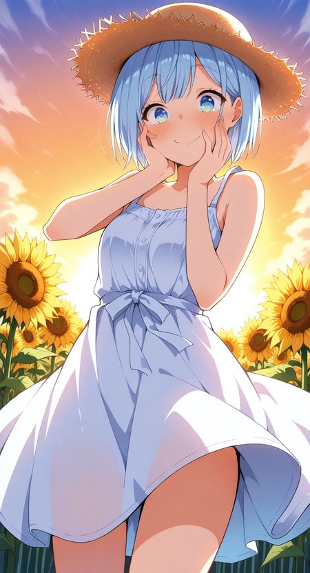 masterpiece, cute, lovely, (best quality:1.3), (amazing quality:1.3), high gradient eyes, very aesthetic, (1girl), (solo), flushed, (Aya_Style), close mouth, smile, Himari_Inuzuka, blue eyes, light blue hair, short hair, excited, BREAK, sunflower field. sunflower plantation, sunset, smile, BREAK, summer dress, summer hat, white dress, straw hat, sunset, cowboy shot, view from below, wind_lift, dynamic angle,  (surprise, surprised face, one hand on face, take by surprise, pretending to be surprised), expressions surprise