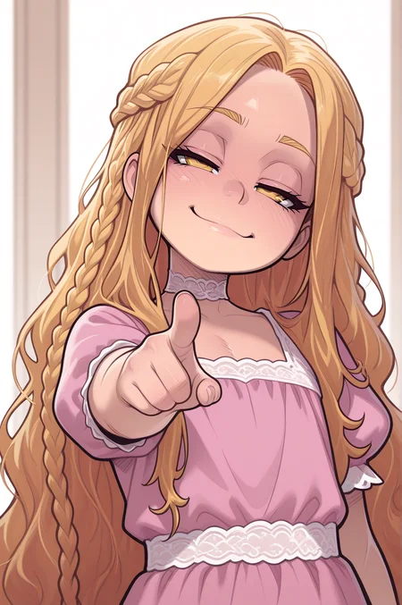 masterpiece, best quality, absurdres, 
upper body, pointing at viewer, smug, narrowed eyes, smile,
1girl, pink dress, white choker, lace choker, puffy sleeves, short sleeves, head tilt, 
 <lora:T1:0.9> ccmiquella, blonde hair, very long hair, yellow eyes, multiple braids, half up braid, wavy hair,
 <lora:Melkor_V4_Illustrious:1> melkor_style,