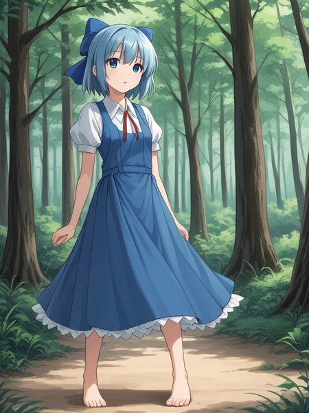 1girl, solo, adventchirno, blue hair, short hair, hair bow, blue eyes, blue dress, white shirt, collared shirt, short sleeves, puffy short sleeves, neck ribbon, outdoors, forest, standing, barefoot, parted lips