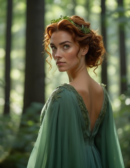 A portrait of a woman with curly, auburn hair pulled back into a loose bun, her green eyes filled with a quiet determination. Sheâs wearing a soft, flowing gown, standing in a forest clearing, the trees towering around her like silent guardians. <lora:usual-portrait-v2:1>