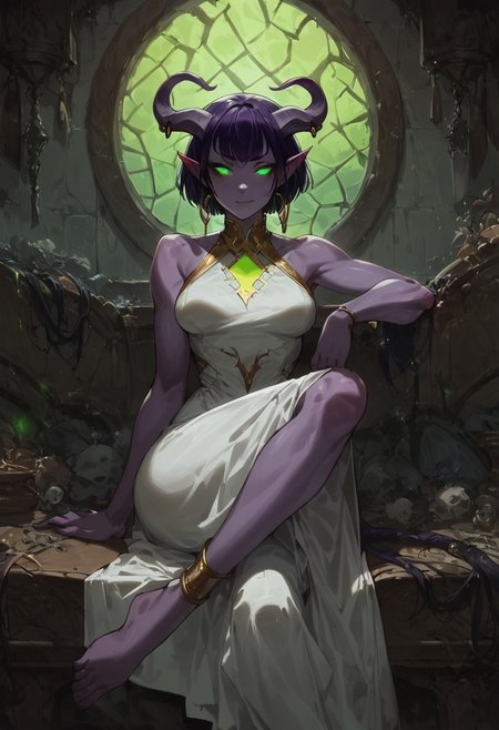 score_9, score_8_up, score_7_up, looking at viewer, 1girl, tiefling, green eyes, small horns, short hair,bob cut, one side bang, purple hair, purple skin, green glowing marks on skin, (long white dress), medium breast, (hair bang), (smug:0.6), piercing horns, earrings, sitting, crossing legs, bare foot,