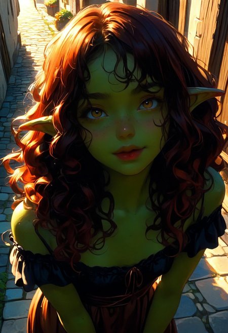 score_9, score_8_up, score_7_up, 1girl, goblin, short, dark green skin,  solo female focus, large pointed ears. skinny, wild red hair, long hair, loose curly hair, green skin, freckles, Freckled ass, beautiful yellow eyes, small breasts, brown loin cloth, cloth chest wrap. Pouting lips. Blushing, cute smile, expression. Looking up at viewer. View from above.  Winking,  blowing kiss,  holding up both hands to blow a kiss. 
Medieval town street. Bright sunny day