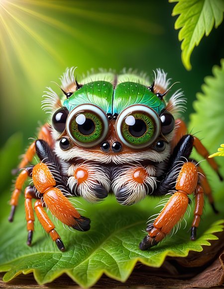 (3d:1.5), 
Pixar style, cute little jumping spider, droopy eyes, vibrant colors, big expressive eyes, detailed textures, soft natural lighting, sad expression, playing with a tiny leaf, realistic shadows, fine details in the fur, ultra-quality, playful pose, enchanting setting, tiny legs and pedipalps, delicate web in the background, magical lighting, whimsical atmosphere, playful ambiance, detailed background, lush green grass, sunny meadow setting