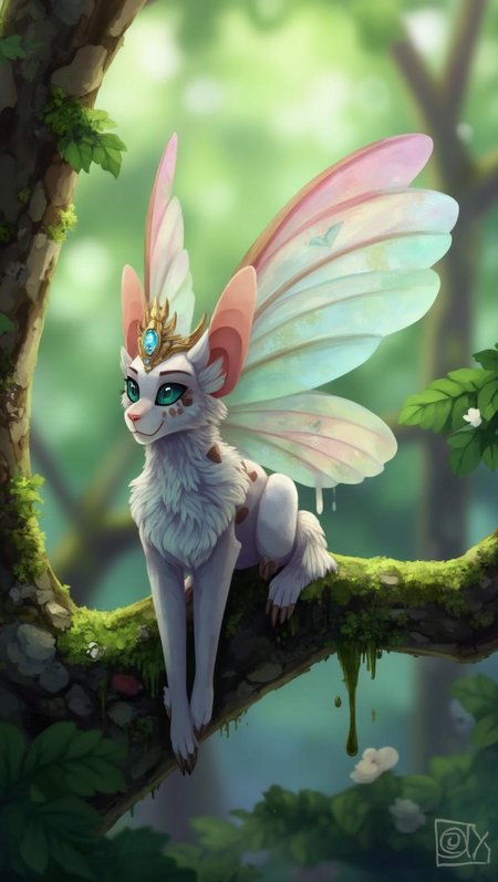 <lora:ck-LttleGhost-000011.safetensors:1> in the style of ck-lttlegh0stA small, winged creature perches on a moss-covered branch in an enchanted forest, surrounded by soft, pastel colors and intricate textures. Its translucent wings are adorned with colorful patterns, and it wears a sparkling gemstone crown. The background is blurred to focus attention on the mystical being.