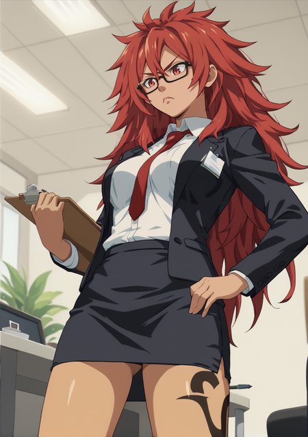 1girl, dark skin, red hair, long hair, messy hair, red eyes, glasses, indoors, leg tattoo, office, standing, fixing eyewear, serious, blazer, shirt, cleavage, necktie between breasts, pencil skirt, anime screencap, holding clipboard, from below  <lora:risty_qb:0.8>, score_9, score_8_up, score_7_up, score_6_up, score_5_up, score_4_up, BREAK source_anime, masterpiece