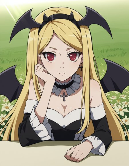 score_9, score_8_up, score_7_up, source_anime, <lora:elizabeth-greenhough-smith-s1-ponyxl-lora-nochekaiser:1>, elizabeth greenhough smith, long hair, blonde hair, red eyes, very long hair, hairband, parted bangs, black hairband, medium breasts,, dress, cleavage, bare shoulders, jewelry, earrings, frills, detached sleeves, wings, choker, black dress, parted bangs, bat wings, cross, black hairband, head wings, gothic,, meadow, grass, flowers, open, sunlight, , sitting, head rest, table,, looking at viewer, solo,, dutch angle, cowboy shot