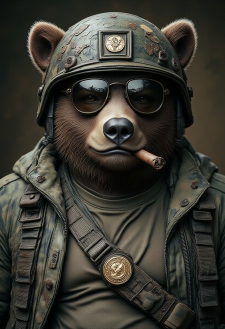 Highly detailed, cinematic photography of a grumpy chubby fat anthropomorphic bear as a US Marine. Wearing a battered khaki T-shirt, disheveled military jacket, and a helmet. He has Ray-Ban sunglasses and a thick Cuban cigar stub in his mouth. Upper body close-up, emphasizing his rugged and untidy appearance. Background is blurred to focus on the bear's detailed military persona, textured fur, and worn-out attire. Studio-quality lighting highlights his somber expression and scruffy attire. A distinctly brutal hippie style from the 60's and 70's. <lora:Anthropomorphic:1>, aidmaMJ6.1 <lora:aidmaMJ6.1v0.4:0.6>, hyp3rd3tail style <lora:hyper-detail-illustration:0.5>, in the style of Jed-clrfl <lora:flux-colourful:0.5>