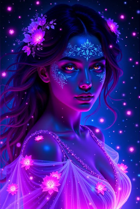 <lora:DGLO_style_v.81:0.75> DGLO style.  This is a digital artwork rendered in a fantasy, ethereal style. The subject is a young woman with an otherworldly, glowing appearance. Her skin has a deep blue hue, and her eyes are an intense golden color with vertical pupils that seem to reflect the luminescent aura around her. She has long, dark hair styled in loose waves, adorned with delicate, glowing flowers. Her face is painted with intricate, shimmering designs that resemble floral patterns and stars, adding to her celestial appearance. The most striking feature is the radiant, flowing hair that transitions from dark purple to neon blue and pink, giving it a shimmering, ethereal quality. The background is a dark, star-filled space with an array of bright, glowing stars and floating flower petals in various shades of blue, purple, and pink, creating a fantastical, dreamlike atmosphere. The woman's shoulders and upper back are partially visible, draped in a flowing, luminescent gown that blends seamlessly with her glowing hair. The overall effect is magical and whimsical, as if she is a mythical creature or an enchanting spirit from another realm. Her gaze is directed forward, adding a sense of mystery and enchantment to the image.