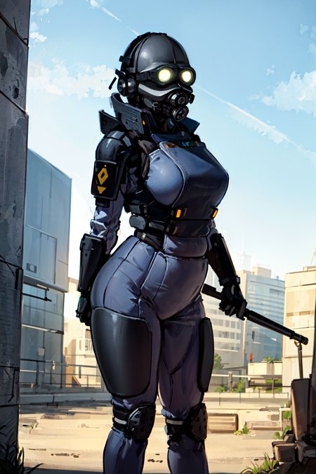 combine soldier, 1girl, solo, standing, helmet, gloves, looking at viewer, facing viewer, military, science fiction, city, russia, gas mask, wide hips, shoulder armor, armor, bulletproof vest