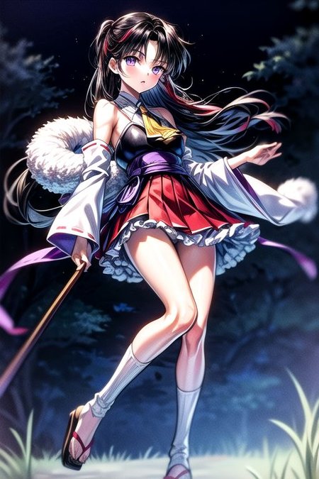 masterpiece,  best quality 1girl Setsun4 solo long hair,  (night time) forest background black hair very long hair purple eyes multicolored hair armor (fur trim) (medium body),<lora:EMS-179-EMS:0.800000>,<lora:EMS-293862-EMS:0.800000>ascot, bare shoulders, black footwear, detached sleeves, embellished costume, frills, japanese clothes, nontraditional miko, red skirt, sandals, sarashi, skirt, socks, white sleeves, white socks, wide sleeves, yellow ascot, zouri, armor, miko