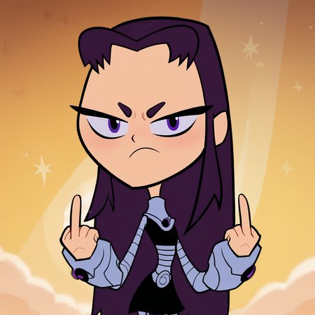 score_9, score_8_up, score_7_up, 1girl, Blackfire, purple hair, long hair, purple eyes, flat chest, narrow waist, wide hips, looking at viewer, frown, middle finger, highres, high quality, masterpiece, <lora:Blackfire:1>