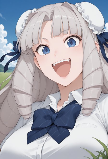 fuzidou_oriko, blue eyes, grey hair, long hair, drill hair, double bun, bun cover, hair ribbon, school uniform, blue bowtie, white shirt, collared shirt, <lora:fuzidou_oriko_illustrious_ver2:0.8> 
smile, open mouth, teeth,, (looking at viewer:1.2),, masterpiece, best quality, sensitive,, 1girl, solo, blue sky, (grasslands:1.2), looking at viewer,, (upper body:1.2), (open eyes:1.4), (portrait:1.4)