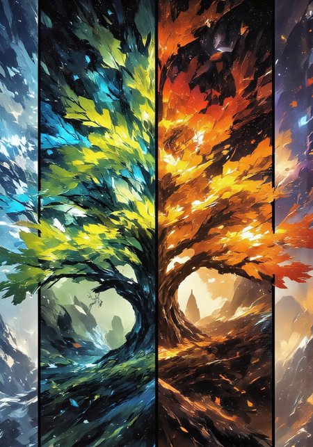 A tall fantasy art panel divided into four vertical sections, each showing the same stylized tree in a different season: 
- Left section: winter theme with vibrant icy-blue leaves, snowflakes, and a dark starry sky 
- Second section: spring theme with bright green leaves, soft glow, and gentle sparkles 
- Third section: summer theme with warm golden-orange leaves, light glow, and shimmering atmosphere 
- Right section: autumn theme with fiery red leaves, falling foliage, and a darker star-filled sky 
Each section seamlessly transitions in color and mood, leaves softly glowing and drifting, 
intricate detail, ultra-detailed, fantasy lighting, digital painting, trending on ArtStation, 8k resolution