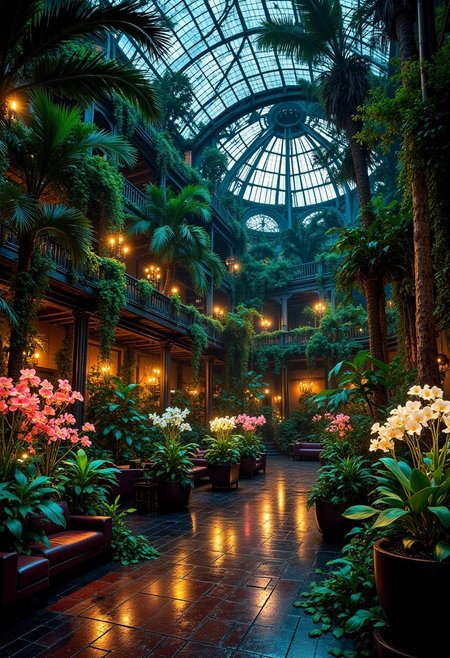 The Midnight Jungle Ballroom (Wild & Untamed)
A jungle-infused steampunk ballroom, where towering palm trees and wild ferns burst through the cracks of an aged brass and iron framework. Dark wood floors, partially overtaken by creeping vines and neon-colored fungi, contrast with hanging golden lanterns, softly flickering like fireflies. The ceiling is a massive domed glass atrium, showcasing the glowing night sky. Dark green and deep burgundy velvet lounges nestle between massive planters filled with bioluminescent orchids. The air is thick with the scent of rain-soaked earth, jasmine, and exotic spices, creating a mood of mystery and adventure.