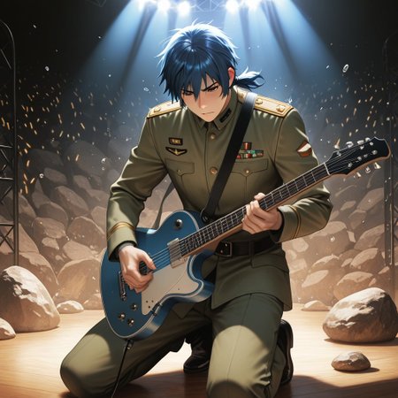 masterpiece, best quality, amazing quality, absurdres, newest, detailed background, definition so sharp, Ultra-HD, 8K cinematic, very awa, impressionate, amazing quality, highres, 
solo, male focus, manly, 
daikakukokujouji, 1boy, short hair, tied hair, low tied hair, lieutenant_pretime, lieutenant_blue hair, lieutenant_brown eyes, playing guitar, headbanging, energetic performance, but nearly dropping guitar, stage lighting, rock concert, passionate, cool, clumsy, charming, musical