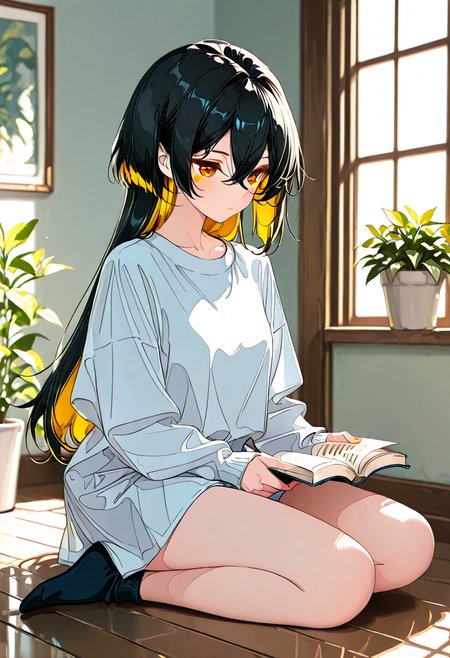masterpiece, ultra-HD, very aesthetic, 8K, high detail, depth of field, score_9, score_8_up, 
BREAK
1girl, solo, ((slightly short side hair)), (reverse mullet:1.3), hair covering the gap between the eyes, black hair, Amber eyes, Amber inner hair, light Amber color eye makeup, (medium-length back hair), layered straight hair, airy bangs, ((side hair framing the face)), parted bangs, 
BREAK
Narrowed eyes, holding a book, reading, serious, sitting, wood floor, no shoe, 
BREAK
Short skirt, 
BREAK
Plants, sunlight, potted plant, close-up, 
BREAK
<lora:Black_Wolf-Cut_Girl_with_Orange_Inner_Layers:1>,