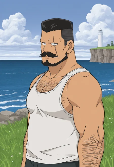 1boy, standing, looking at viewer, white tank top, grasslands, white cliff, portrait,
BREAK
<lora:Kiyonaga_Matsumoto_from_Detective_Conan_v1.1:1> (plump:1.2), long sideburns, beard,
kiyonagamatsumoto, mature male, black hair, no eyebrows, flattop, thick mustache, forked mustache, scar across eye, anime screenshot,
thick arm hair, thick chest hair,
BREAK
outdoors, horizon, white cliff, ocean, cliff, lighthouse, lighthouse, vibrant color, moody sky, day, cloudy sky,
BREAK
very awa, masterpiece, best quality, absurdres, newest, perfect quality, detailed background, intricate details,