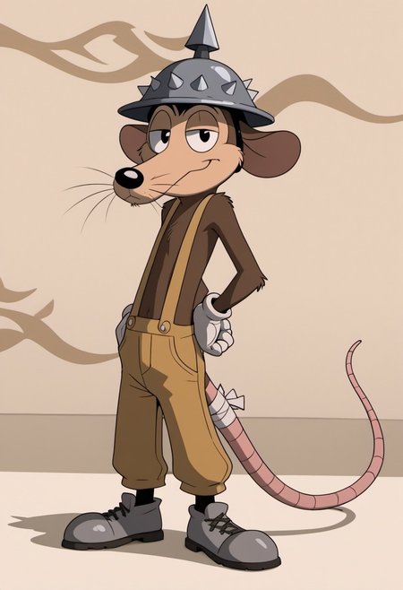 score_9, score_7_up, (masterpiece, extremely detailed, source_photo), solo focus, male, Werner Werman, mouse, anthropomorphic mouse, black eyes, brown fur, whiskers, pointy nose, spiked helmet, rat tail, light brown overalls, lederhosen, grey footwear, grey shoes, perfect hands, white gloves, gloves, full-length portrait, skinny, petite, smile, half-closed eyes, smug, looking at viewer, flirty, sexy pose, photorealistic, pattern background, shadow, shading, realistic, bandaged tail