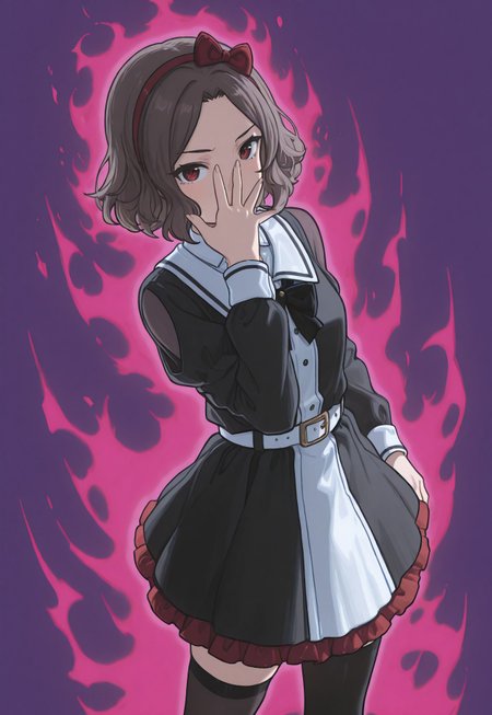 high contrast, masterpiece, best quality, amazing quality, very aesthetic, high resolution, ultra-detailed, absurdres, solo, 1girl, tomo_ebizuka,brown hair,red hair bow, black dress,black bowtie,long sleeves,frilled dress,collared shirt,two-tone dress,skirt,belt,black thighhighs,, j0n4th4n, jojo pose, covering own mouth, covering face, purple background, aura, dutch angle, foreshortening, 