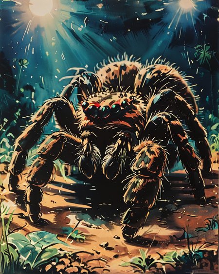 photograph, Tarantula, spotlight, Sony A9 II, F/8, very detailed, amazing quality, intricate, cinematic light, highly detail, beautiful, surreal, dramatic  <lora:Vintage_Anime:1>