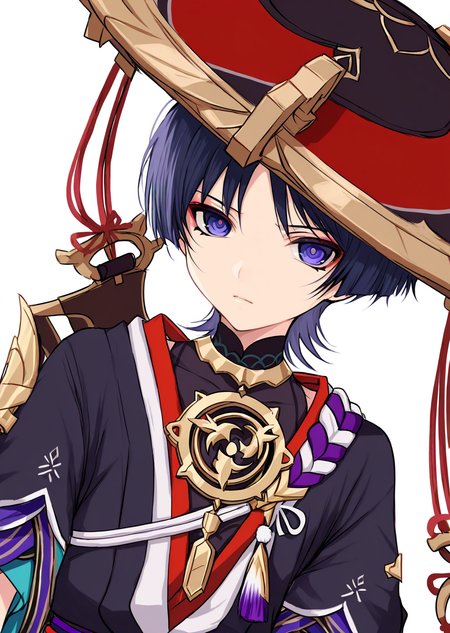 <lora:ShimizuAkina250126:1>,ShimizuAkina, 1boy, male focus, scaramouche \(genshin impact\), jingasa, solo, hat, japanese clothes, purple eyes, looking at viewer, kurokote, japanese armor, armor, kote, black hair, simple background, white background, upper body, bishounen,<lora:NOOB_vp1_detailer_by_volnovik_v1:1>,<lora:noobai_ep11_stabilizer_v0.138_fp16:1>,