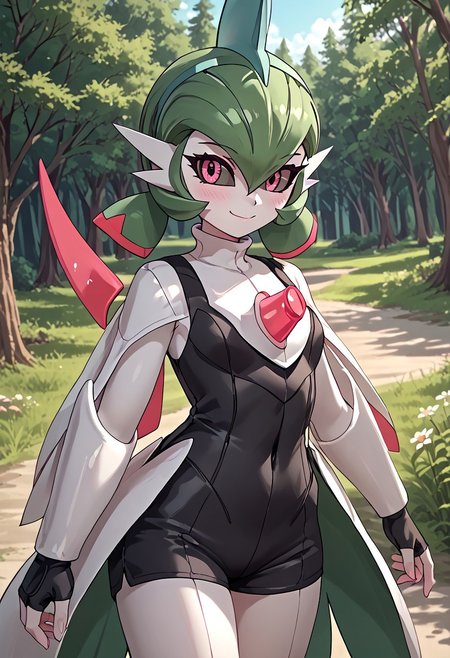 score_4,score_5,score_6,score_7_up,score_8_up,score_9 ((masterpiece,best quality,ultra detailed,highres,HD,4k:1.2)), 
1 girl,solo,face focus,
((ironvaliantsv,pokemon (creature), solo,colored skin, white skin:1.2)),
green hair,low twintails,pink eyes,colored sclera,
cape,shirt,sleeveress shirt,fingerless gloves,shorts,black shorts,jewelry,
outdoors,in the forest,day,
standing,
smile,.blush,light smile,