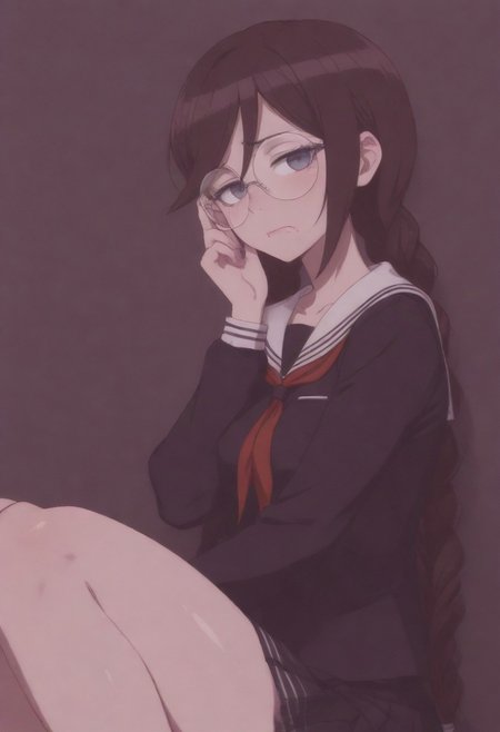 masterpiece, best quality, amazing quality,,, shiny skin,, (masterpiece, amazing quality, best quality, anime coloring),, fukawa_toko,1girl, long hair, braid, glasses, mole, twin braids, mole under mouth,round eyewear, bangs,brown hair, school uniform, serafuku, long sleeves,sailor collar, neckerchief,
