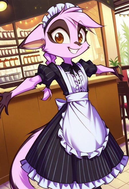Dreamkeepers,1girl,Prelude_Vi,solo,furry,tail,source_furry,hazel eyes,
child,
masterpiece, best quality, long hair, braid, maid headdress, black ribbon, striped dress, dress, center frills, puffy short sleeves, white apron,  spread arms, grin, looking at viewer, happy, sparkle, indoors, cafe, dutch angle, wide shot,