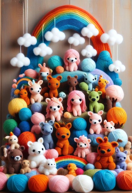 score_9, score_8_up, score_7_up, Yarnworld, rainbow colors, chibi animals, made of yarn, cute design, 
colorful detailed background,
